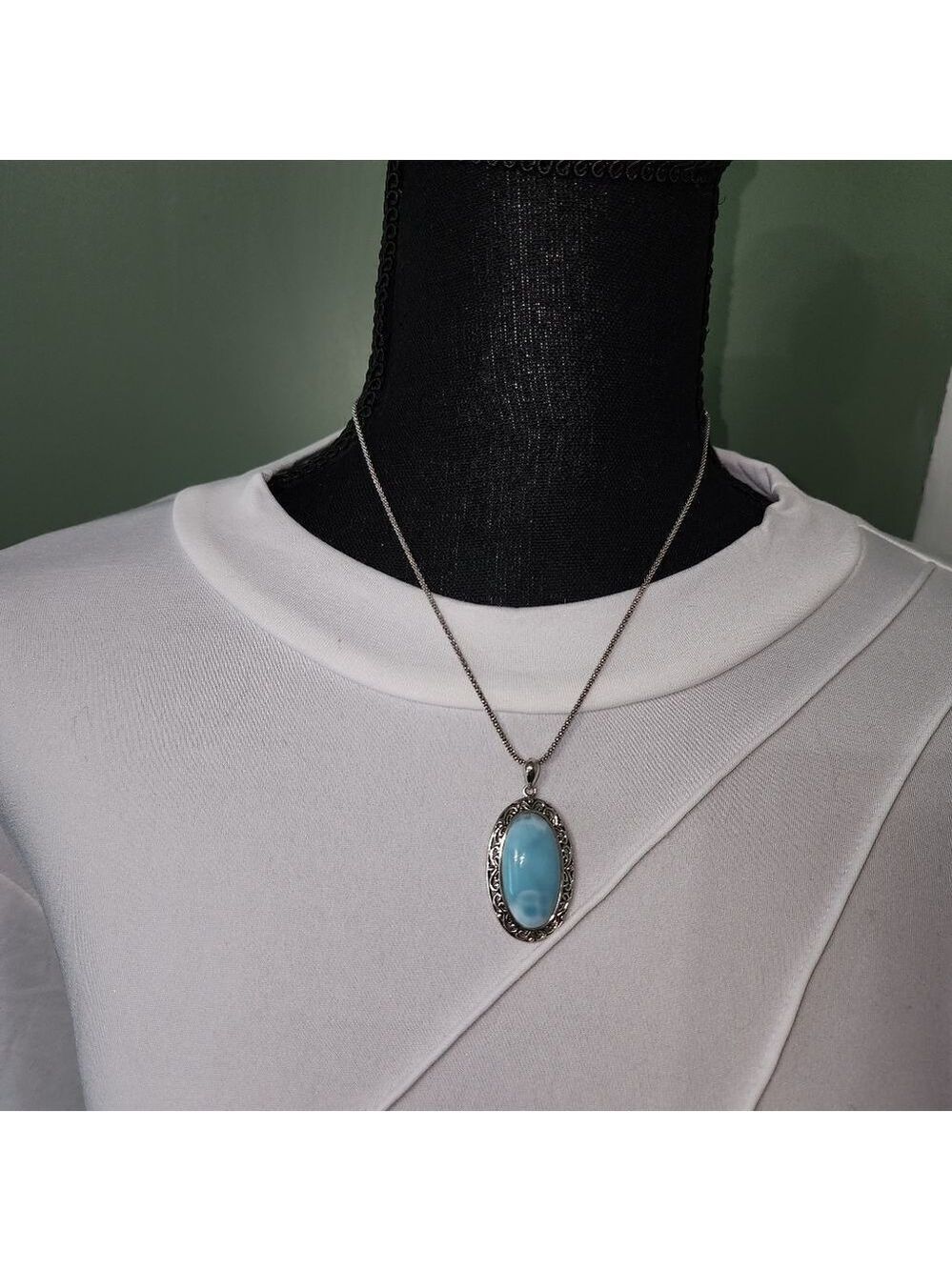 Sterling Silver Necklace With Larimar Q8" Long And Pendant Measures 1.71" - Picture 2 of 5